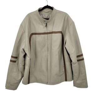 Vtg 90s Frequency‎ Tan Genuine Leather Motorcycle Jacket Sz XXL Quilted Stripe